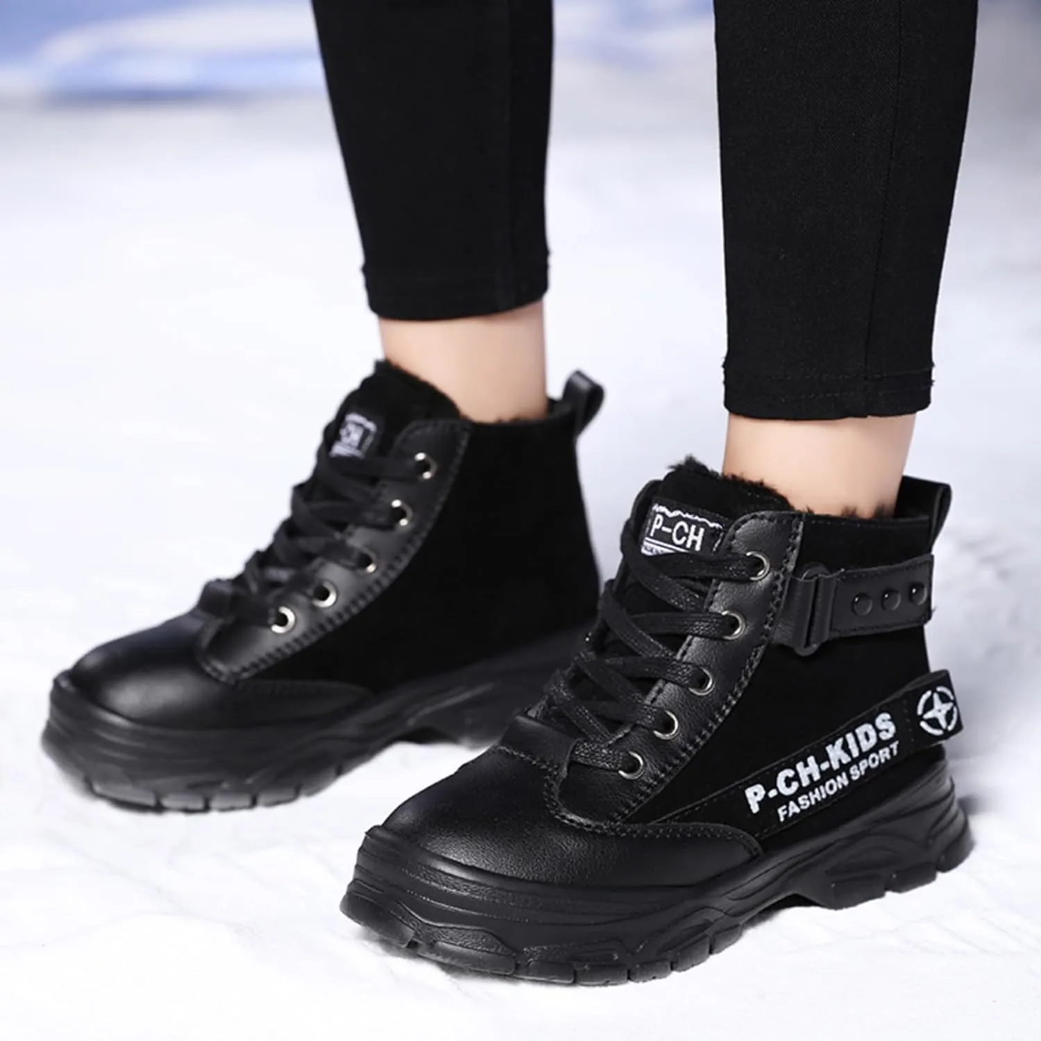 Unisex Kids Ankle Boots Warm Faux Fur Lined Outdoor Hiking Boots High Top Sneakers Boys Girls Winter Tennis Shoes