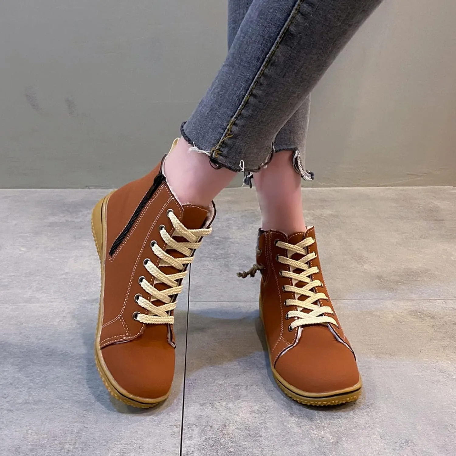 Vintage High Top Sneakers for Women Flat Heeled Ankle Boots Side Zipper Outdoor Lace-up Hiking Cross Country Shoes