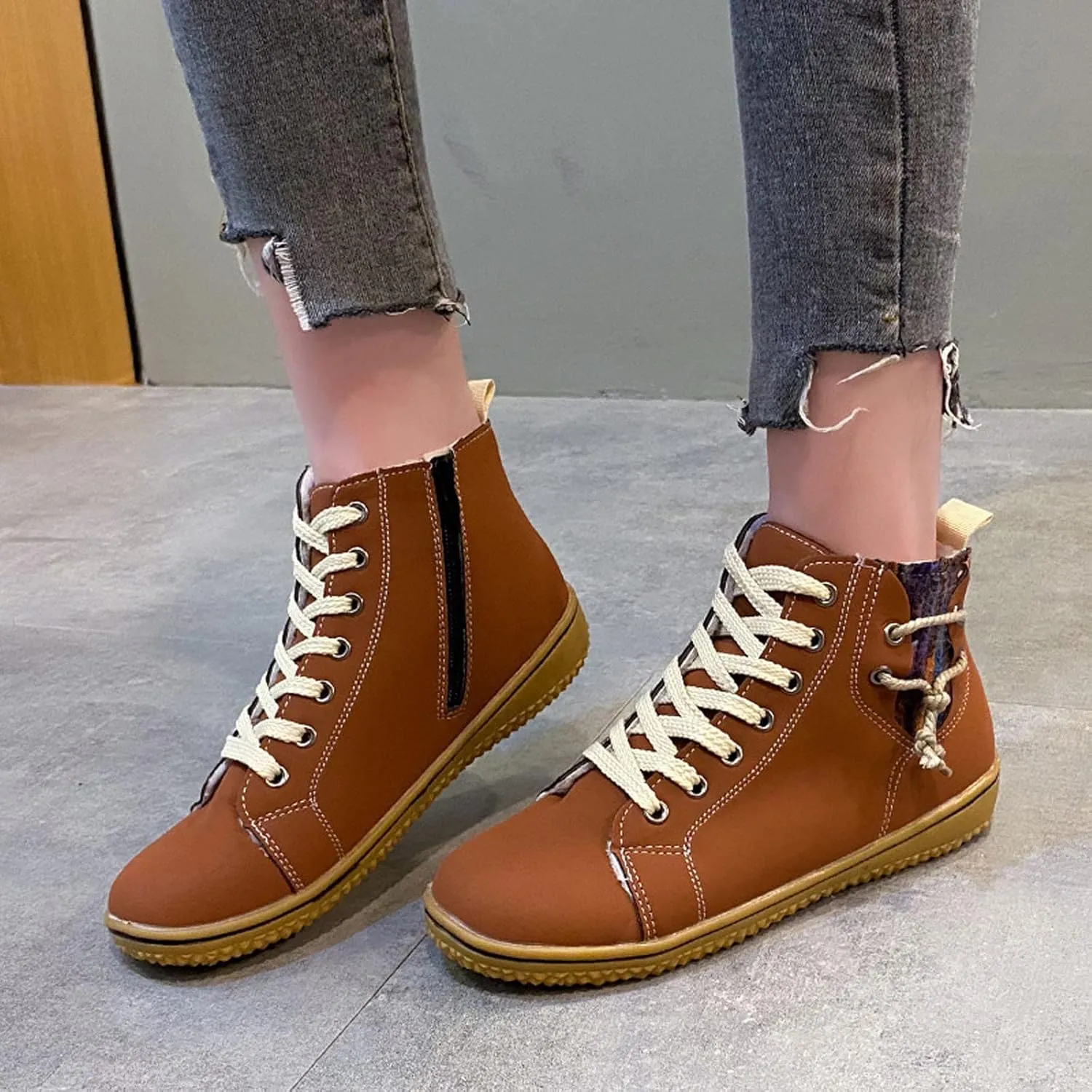 Vintage High Top Sneakers for Women Flat Heeled Ankle Boots Side Zipper Outdoor Lace-up Hiking Cross Country Shoes