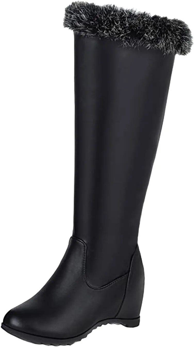 Wedge High Barrel Boots for Women Water Proof Insulated Leather Boots Fashion Solid Furry Winter Boots