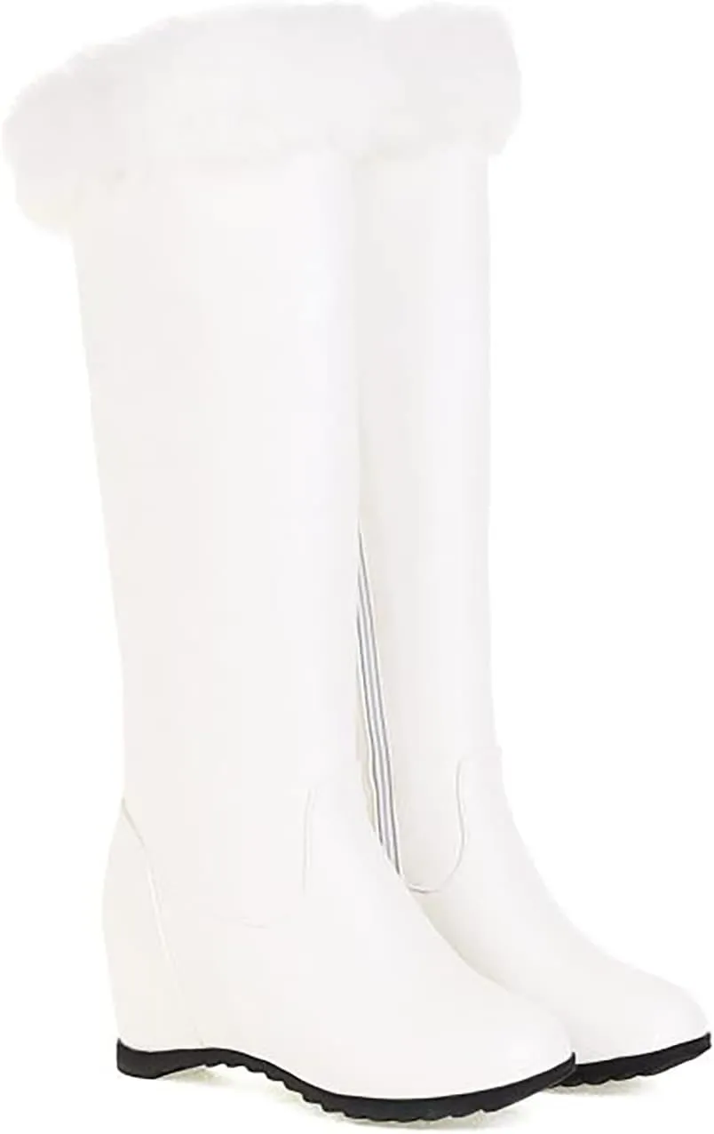 Wedge High Barrel Boots for Women Water Proof Insulated Leather Boots Fashion Solid Furry Winter Boots