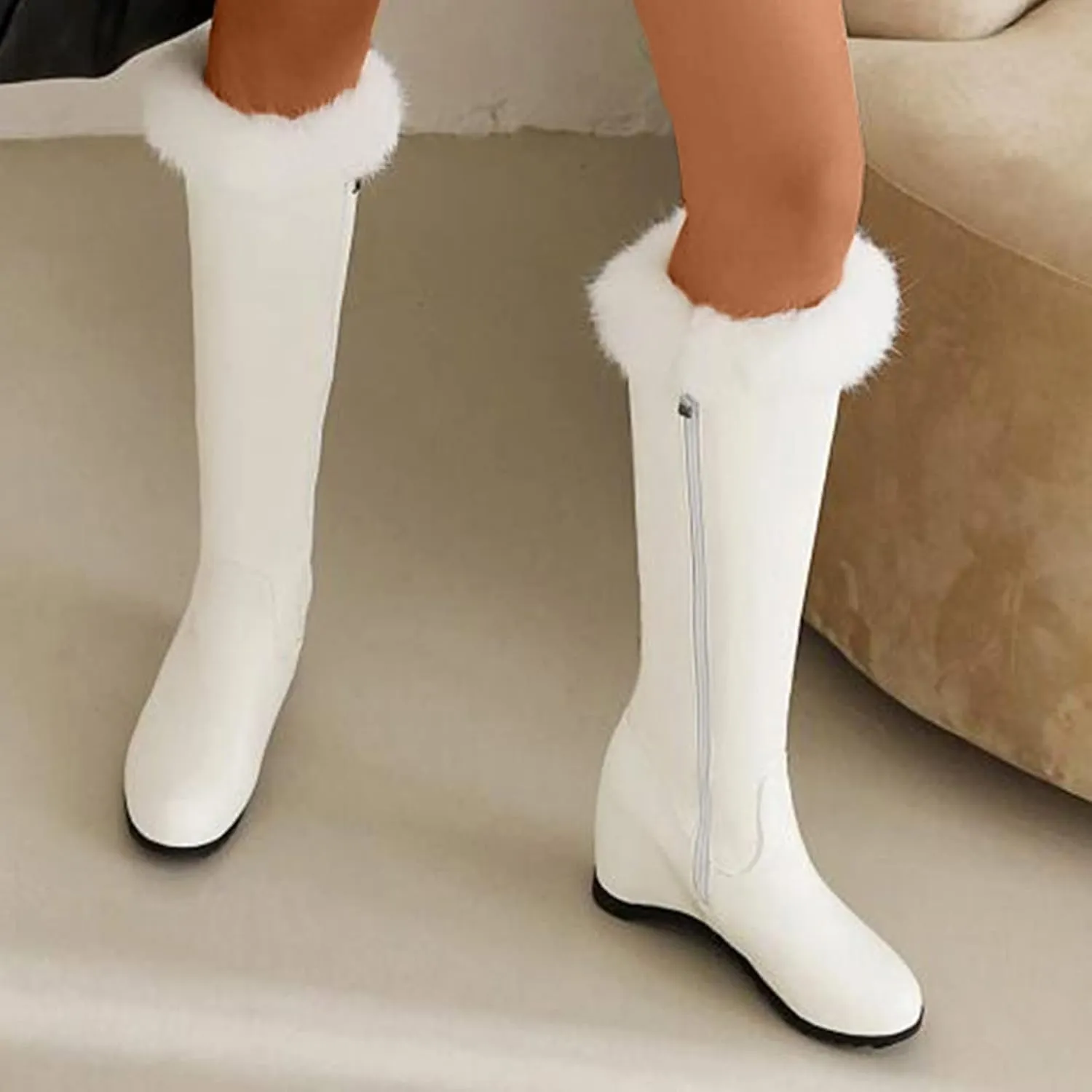 Wedge High Barrel Boots for Women Water Proof Insulated Leather Boots Fashion Solid Furry Winter Boots