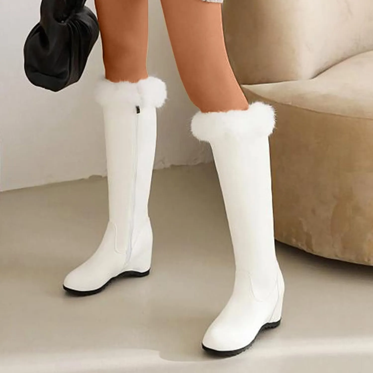 Wedge High Barrel Boots for Women Water Proof Insulated Leather Boots Fashion Solid Furry Winter Boots