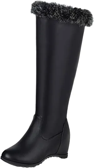 Wedge High Barrel Boots for Women Water Proof Insulated Leather Boots Fashion Solid Furry Winter Boots