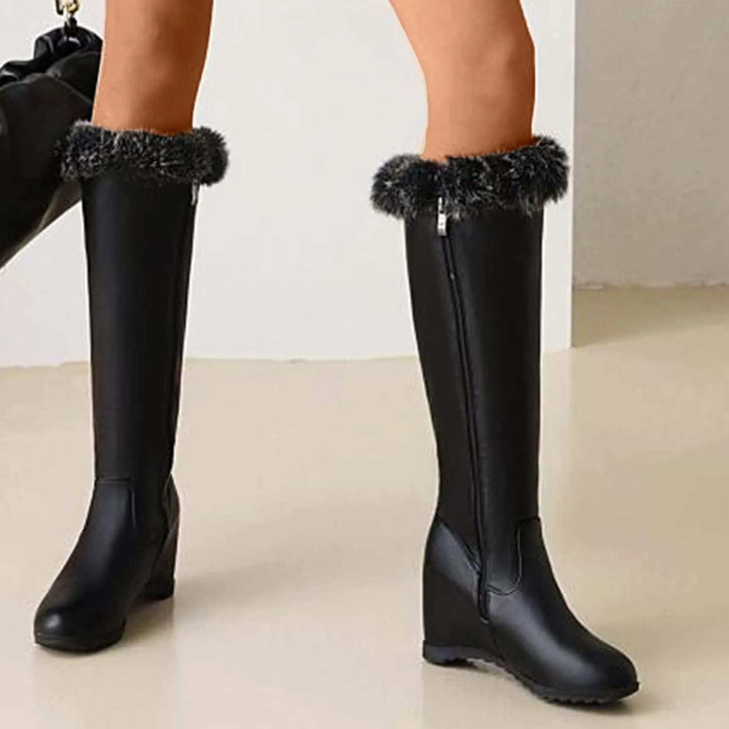 Wedge High Barrel Boots for Women Water Proof Insulated Leather Boots Fashion Solid Furry Winter Boots