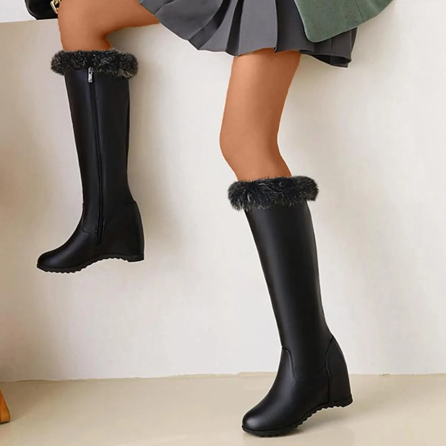 Wedge High Barrel Boots for Women Water Proof Insulated Leather Boots Fashion Solid Furry Winter Boots