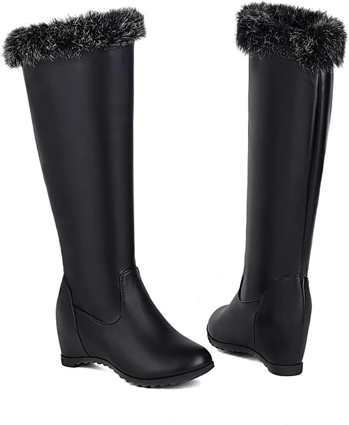 Wedge High Barrel Boots for Women Water Proof Insulated Leather Boots Fashion Solid Furry Winter Boots