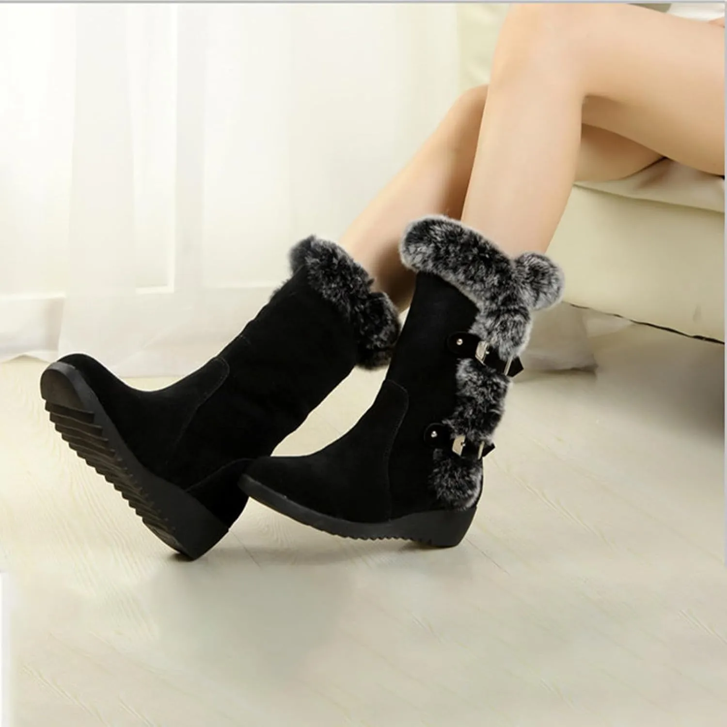 WENOREG Women's Suede Warm Mid Calf Snow Boots,Fashion Metal Buckle Furry Wedges Booties Outdoor Water Proof Anti-Slip Warm Plus Fleece Cotton Retro Winter Snow Tall Boots
