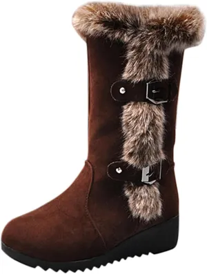 WENOREG Women's Suede Warm Mid Calf Snow Boots,Fashion Metal Buckle Furry Wedges Booties Outdoor Water Proof Anti-Slip Warm Plus Fleece Cotton Retro Winter Snow Tall Boots