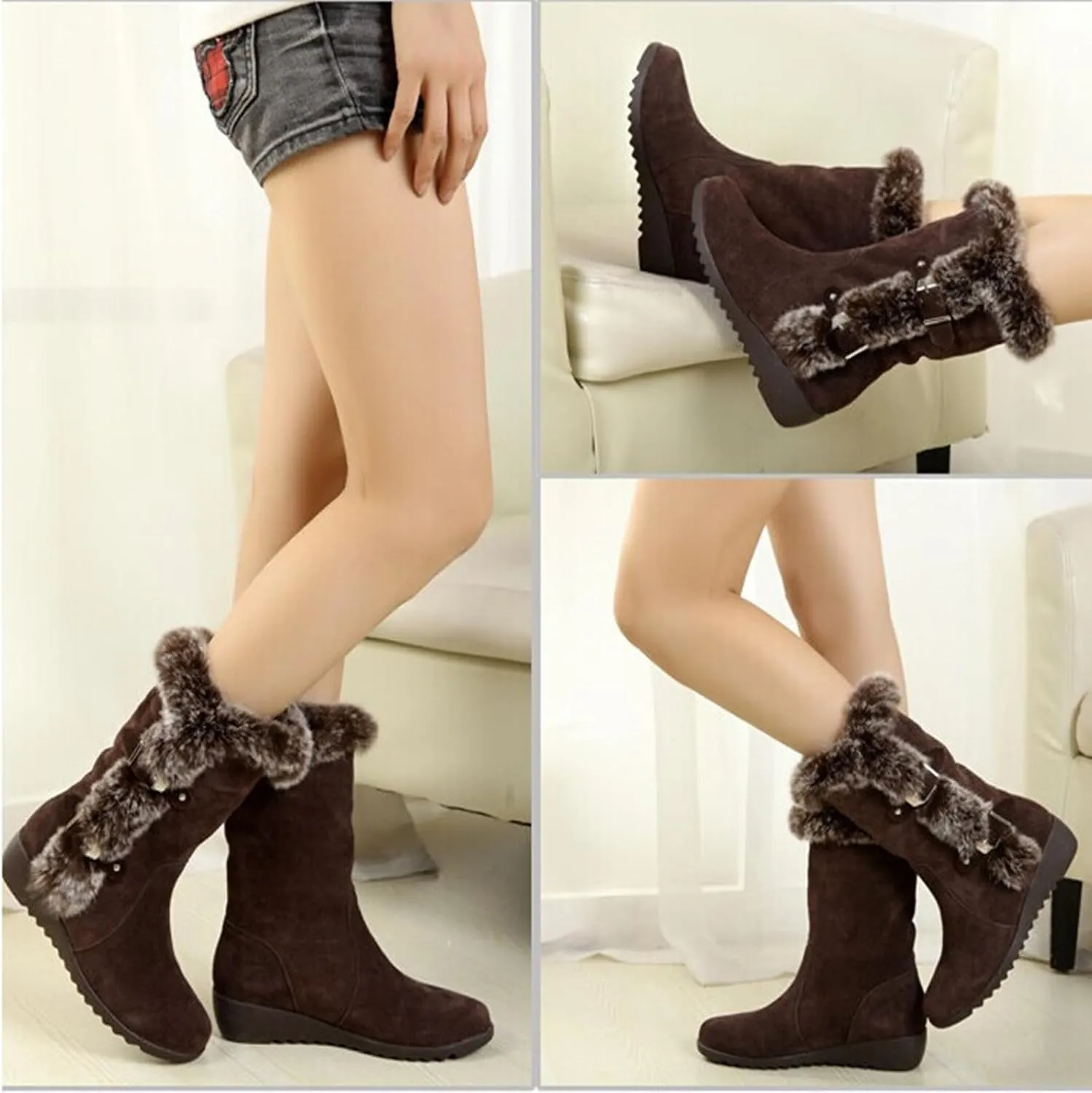 WENOREG Women's Suede Warm Mid Calf Snow Boots,Fashion Metal Buckle Furry Wedges Booties Outdoor Water Proof Anti-Slip Warm Plus Fleece Cotton Retro Winter Snow Tall Boots