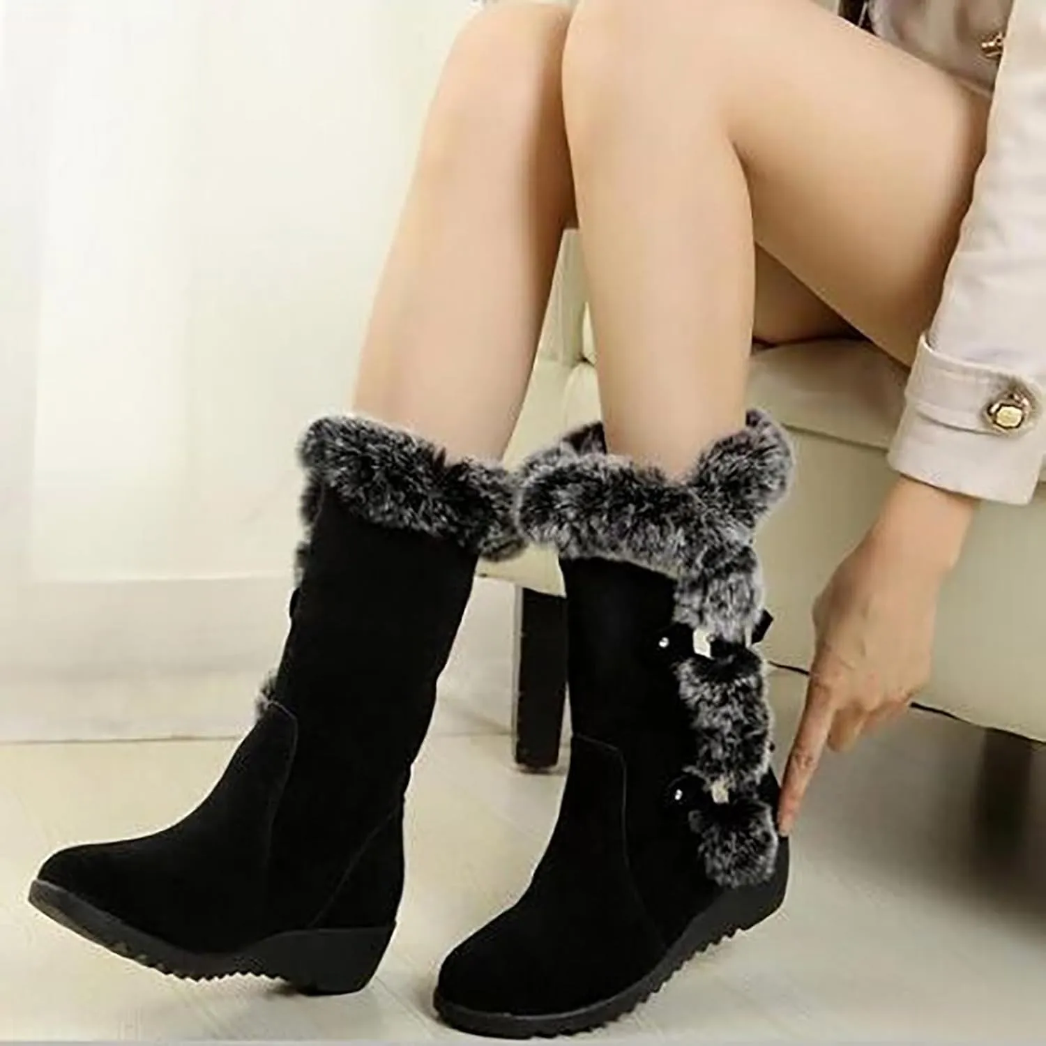 WENOREG Women's Suede Warm Mid Calf Snow Boots,Fashion Metal Buckle Furry Wedges Booties Outdoor Water Proof Anti-Slip Warm Plus Fleece Cotton Retro Winter Snow Tall Boots