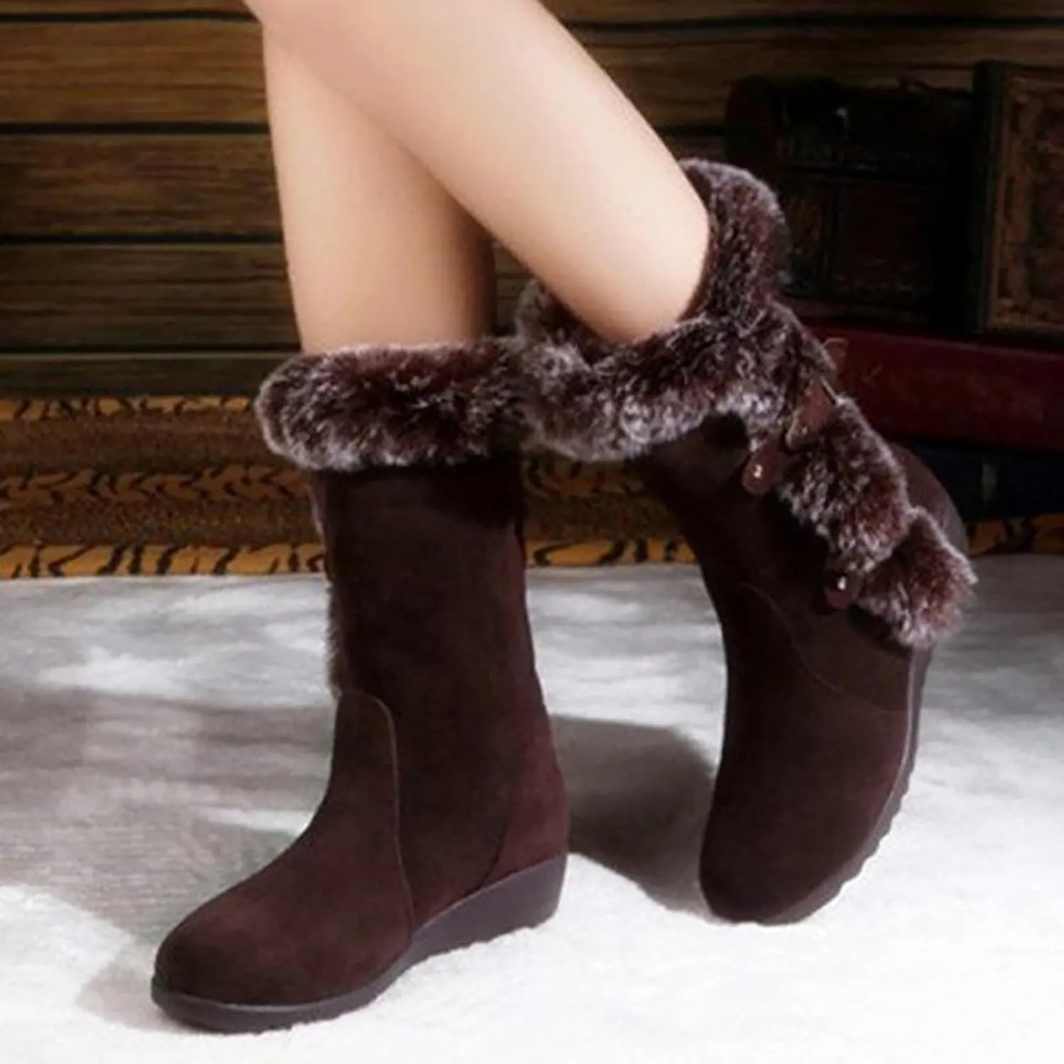WENOREG Women's Suede Warm Mid Calf Snow Boots,Fashion Metal Buckle Furry Wedges Booties Outdoor Water Proof Anti-Slip Warm Plus Fleece Cotton Retro Winter Snow Tall Boots