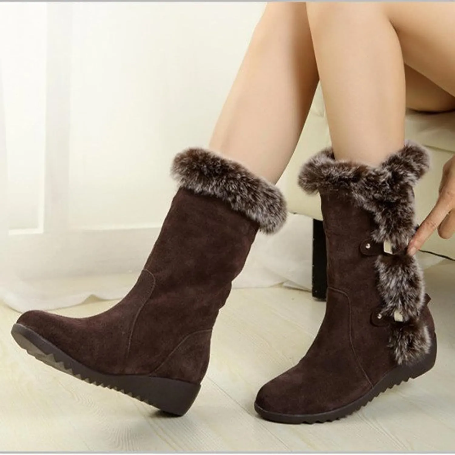 WENOREG Women's Suede Warm Mid Calf Snow Boots,Fashion Metal Buckle Furry Wedges Booties Outdoor Water Proof Anti-Slip Warm Plus Fleece Cotton Retro Winter Snow Tall Boots