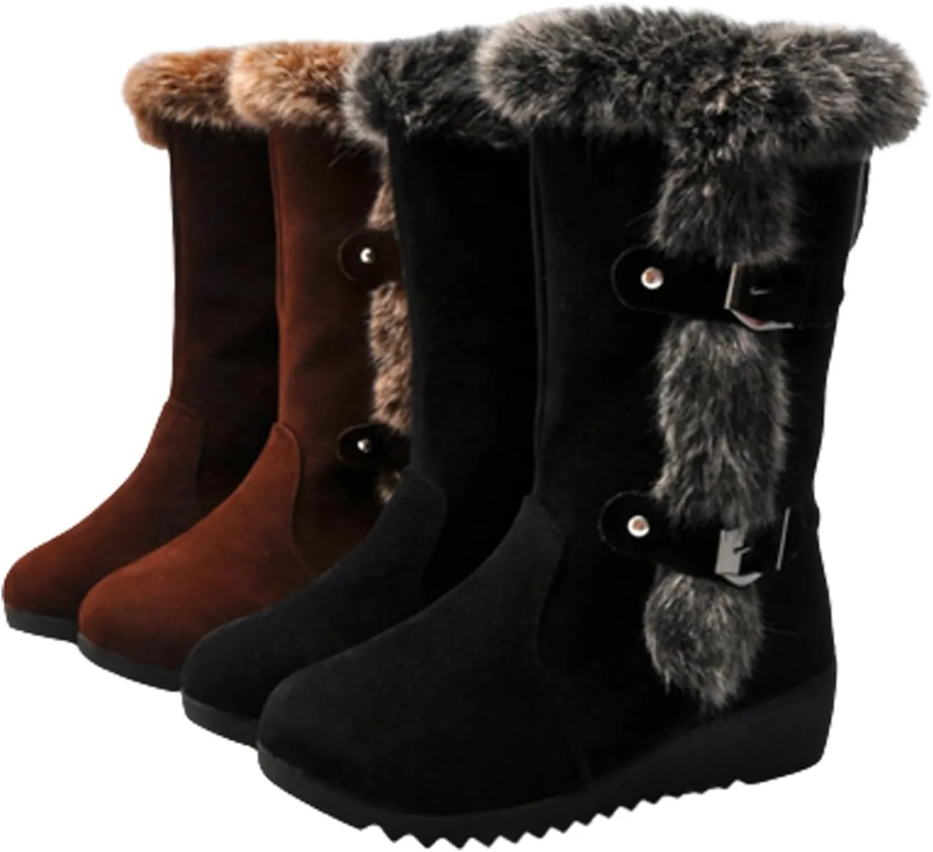 WENOREG Women's Suede Warm Mid Calf Snow Boots,Fashion Metal Buckle Furry Wedges Booties Outdoor Water Proof Anti-Slip Warm Plus Fleece Cotton Retro Winter Snow Tall Boots