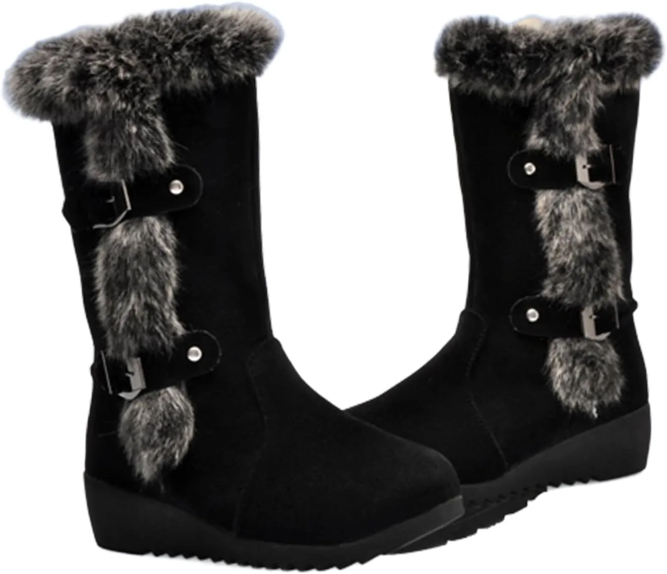 WENOREG Women's Suede Warm Mid Calf Snow Boots,Fashion Metal Buckle Furry Wedges Booties Outdoor Water Proof Anti-Slip Warm Plus Fleece Cotton Retro Winter Snow Tall Boots