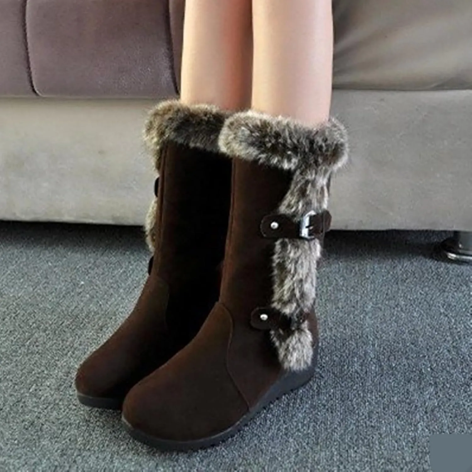 WENOREG Women's Suede Warm Mid Calf Snow Boots,Fashion Metal Buckle Furry Wedges Booties Outdoor Water Proof Anti-Slip Warm Plus Fleece Cotton Retro Winter Snow Tall Boots