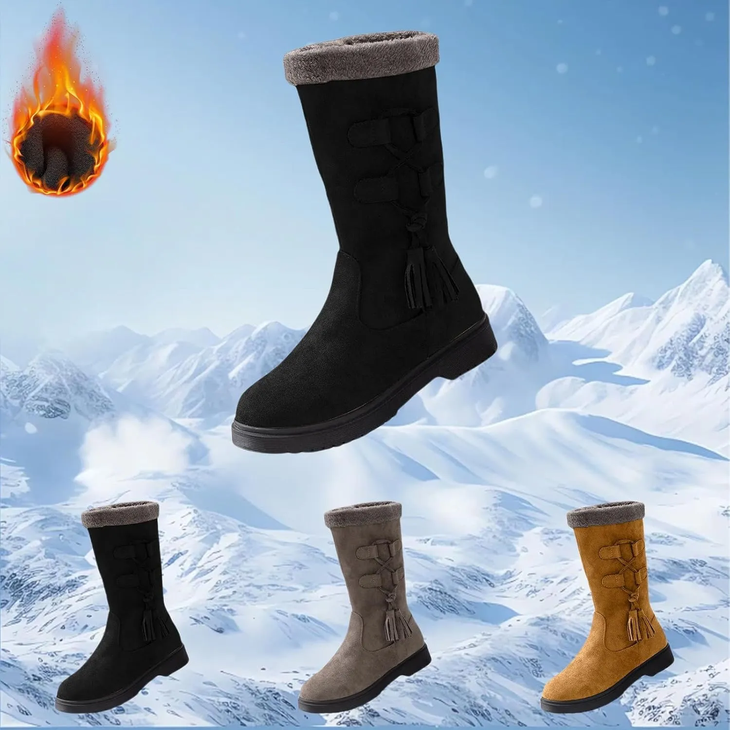 Winter Boots for Women Waterproof Fuzzy Snow Boots Fashion Casual Plush Thermal Non Slip Wedge Mid Calf Boots