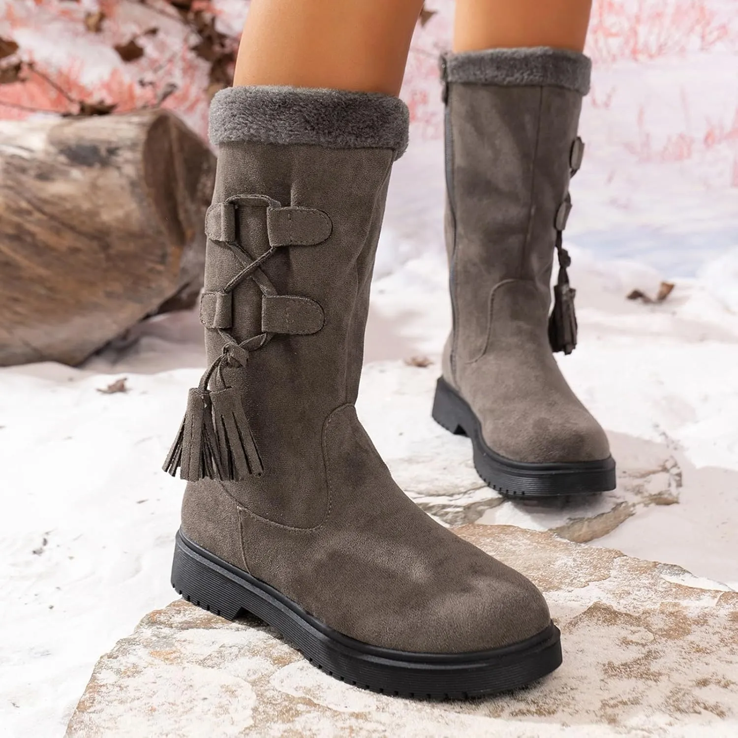 Winter Boots for Women Waterproof Fuzzy Snow Boots Fashion Casual Plush Thermal Non Slip Wedge Mid Calf Boots