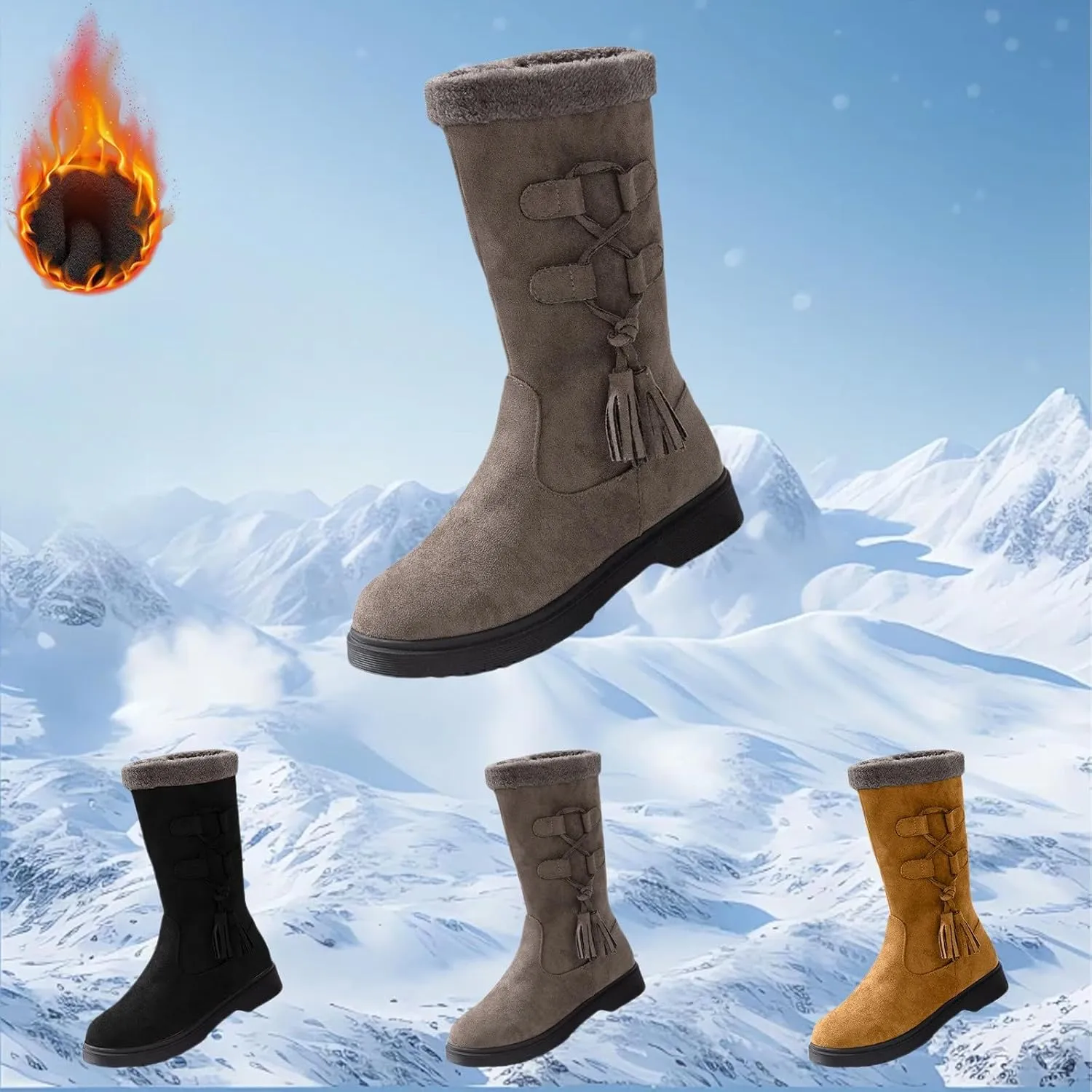 Winter Boots for Women Waterproof Fuzzy Snow Boots Fashion Casual Plush Thermal Non Slip Wedge Mid Calf Boots