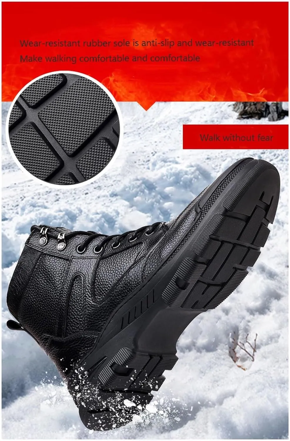 Winter Snow Boots for Men, Men's Zip Lace up Slip Non Slip Fleece Lined Leather Snow Shoes, Protective Waterproof Insulated Climbing Outdoor Shoes, for Insulated Hiking, Rain