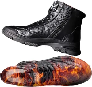 Winter Snow Boots for Men, Men's Zip Lace up Slip Non Slip Fleece Lined Leather Snow Shoes, Protective Waterproof Insulated Climbing Outdoor Shoes, for Insulated Hiking, Rain