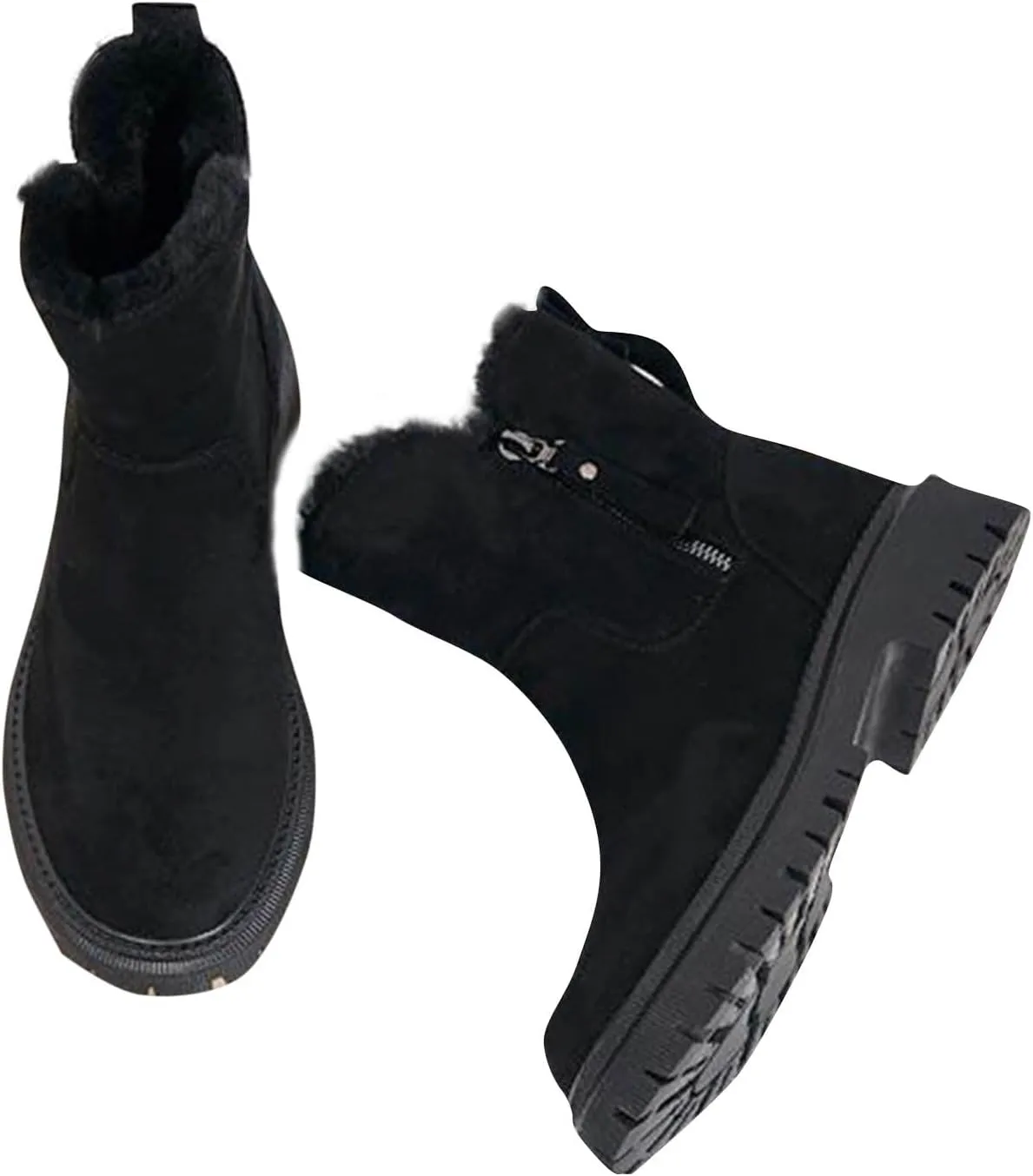 Women Fur Lined Ankle Boots Winter Snow Booties Lug Sole Non-slip Walking Bootie Sherpa Fleece Thermal Flat Boots Shoes