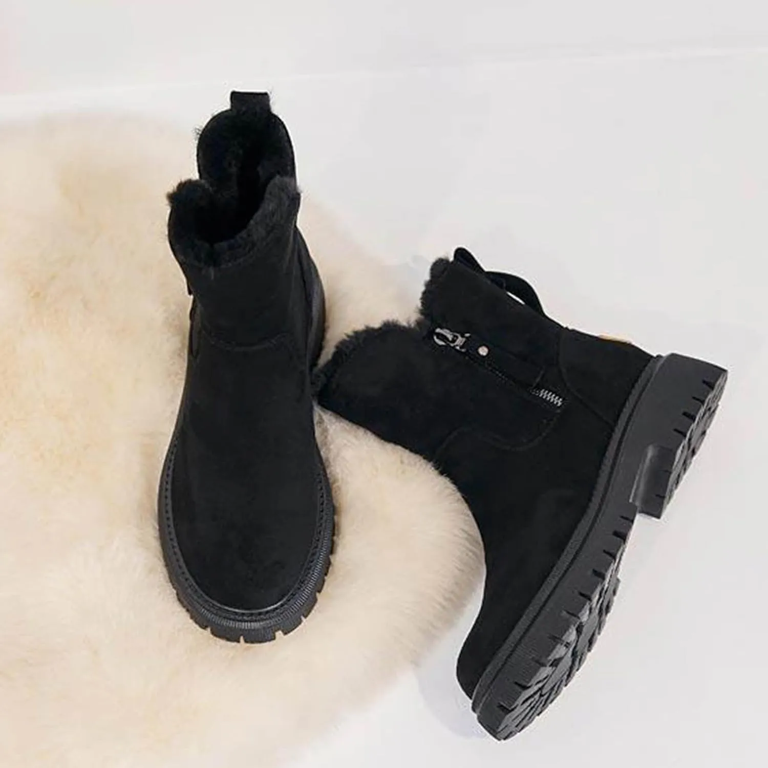 Women Fur Lined Ankle Boots Winter Snow Booties Lug Sole Non-slip Walking Bootie Sherpa Fleece Thermal Flat Boots Shoes