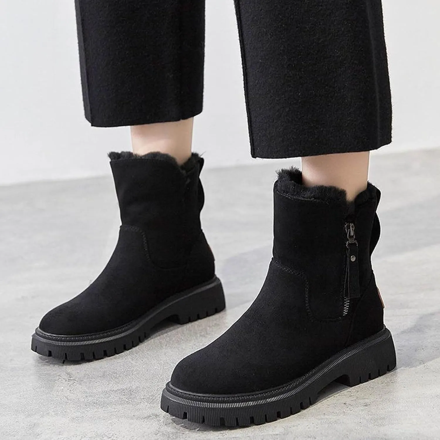Women Fur Lined Ankle Boots Winter Snow Booties Lug Sole Non-slip Walking Bootie Sherpa Fleece Thermal Flat Boots Shoes