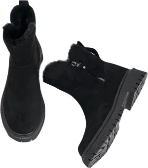 Women Fur Lined Ankle Boots Winter Snow Booties Lug Sole Non-slip Walking Bootie Sherpa Fleece Thermal Flat Boots Shoes