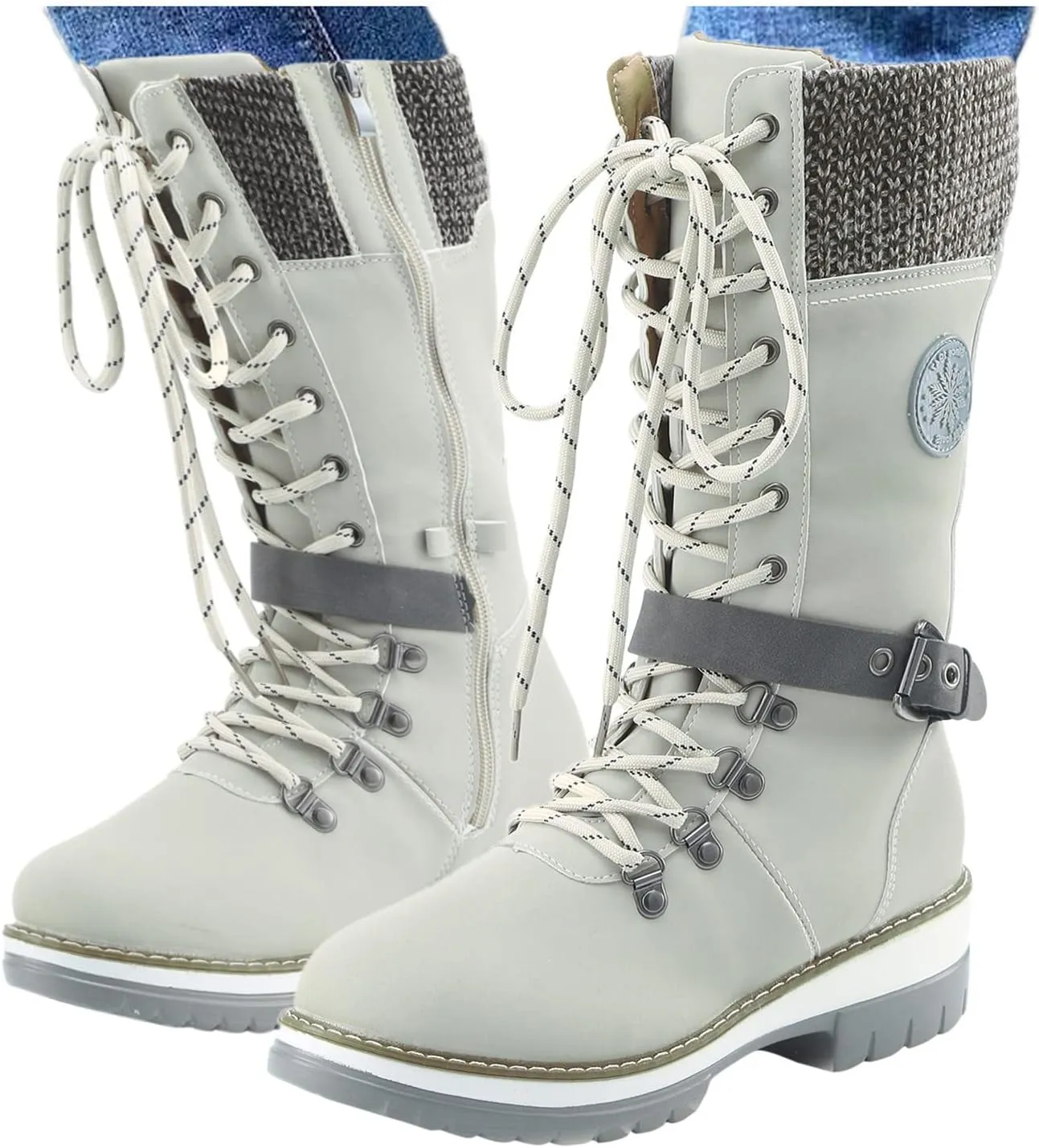 Womens Boots Winter Thermal Lug Sole Cozy Boots for Women Durable Faux Leather Non Slip Mid-Calf Snow Boots