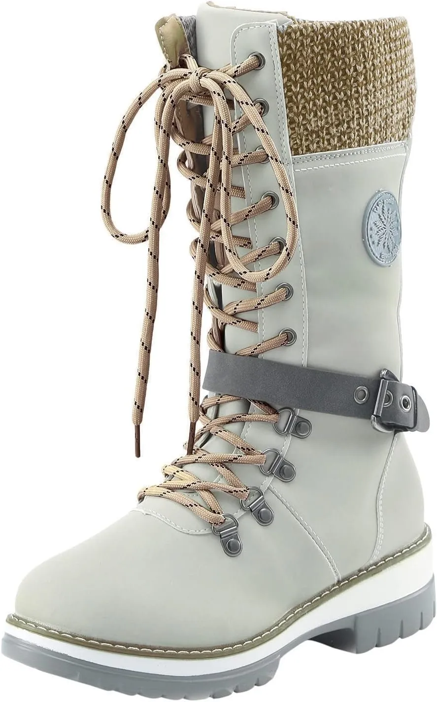Womens Boots Winter Thermal Lug Sole Cozy Boots for Women Durable Faux Leather Non Slip Mid-Calf Snow Boots