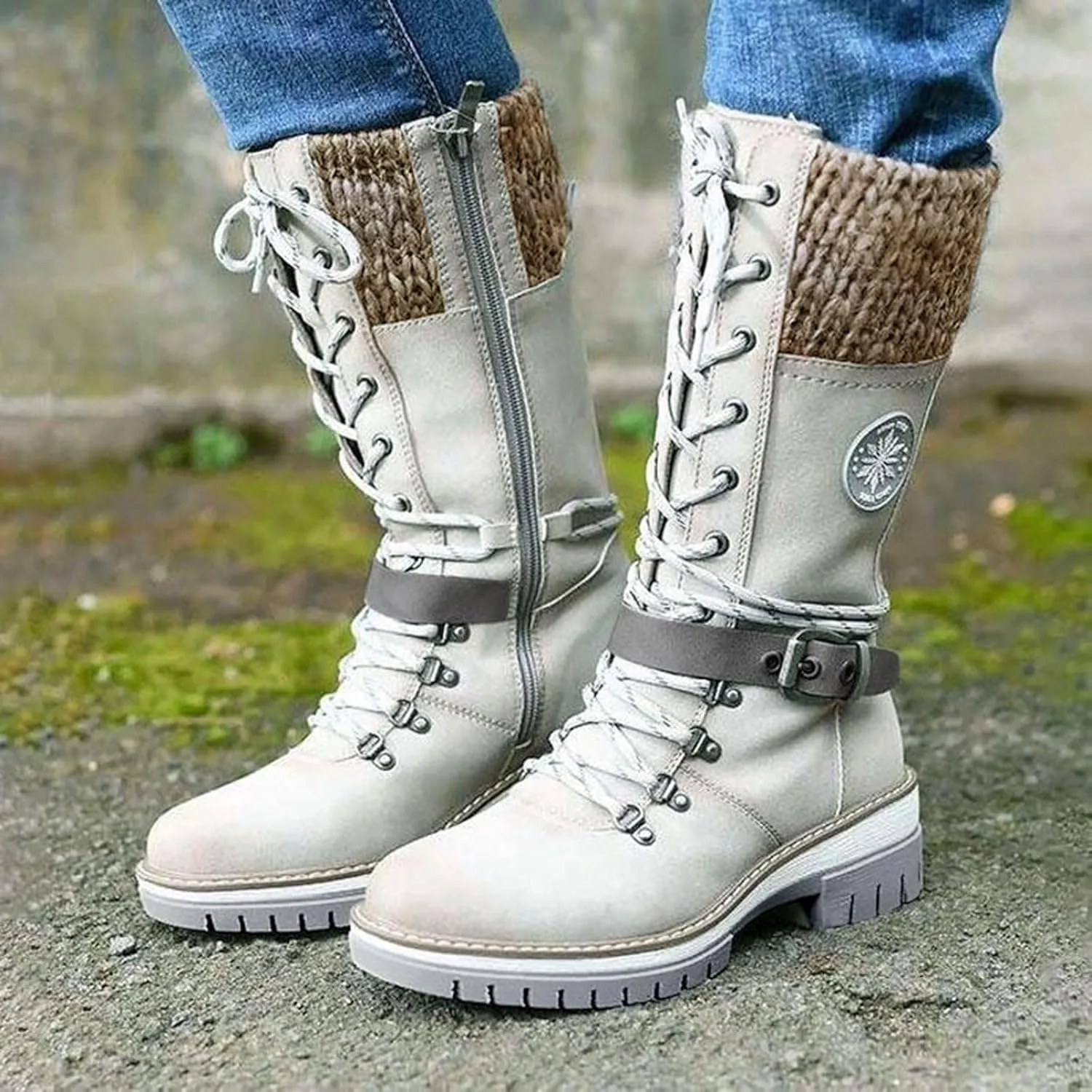 Womens Boots Winter Thermal Lug Sole Cozy Boots for Women Durable Faux Leather Non Slip Mid-Calf Snow Boots