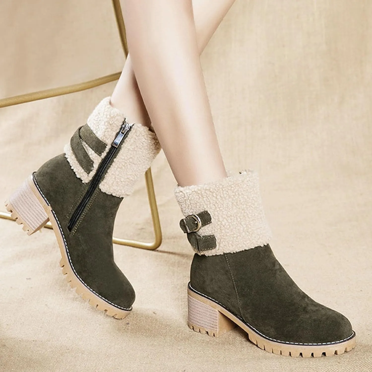Women's Coarse Heel Mid Calf Boots Fleece Lined Warm Winter Boots Fashionable Versatile Womens Socks Mid Calf Cotton