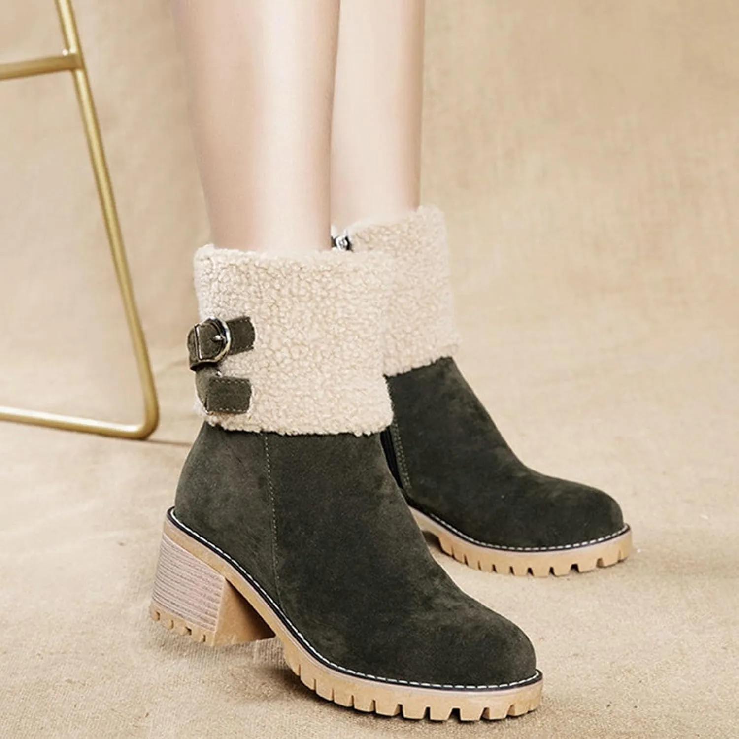 Women's Coarse Heel Mid Calf Boots Fleece Lined Warm Winter Boots Fashionable Versatile Womens Socks Mid Calf Cotton