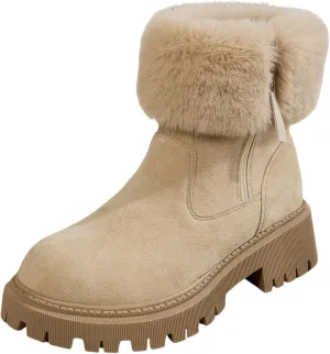 Women's Fashion Furry Boots Side Zipper Insulated Snow Boots Suede Non Slip Winter Boots Fleece Winter Shoos