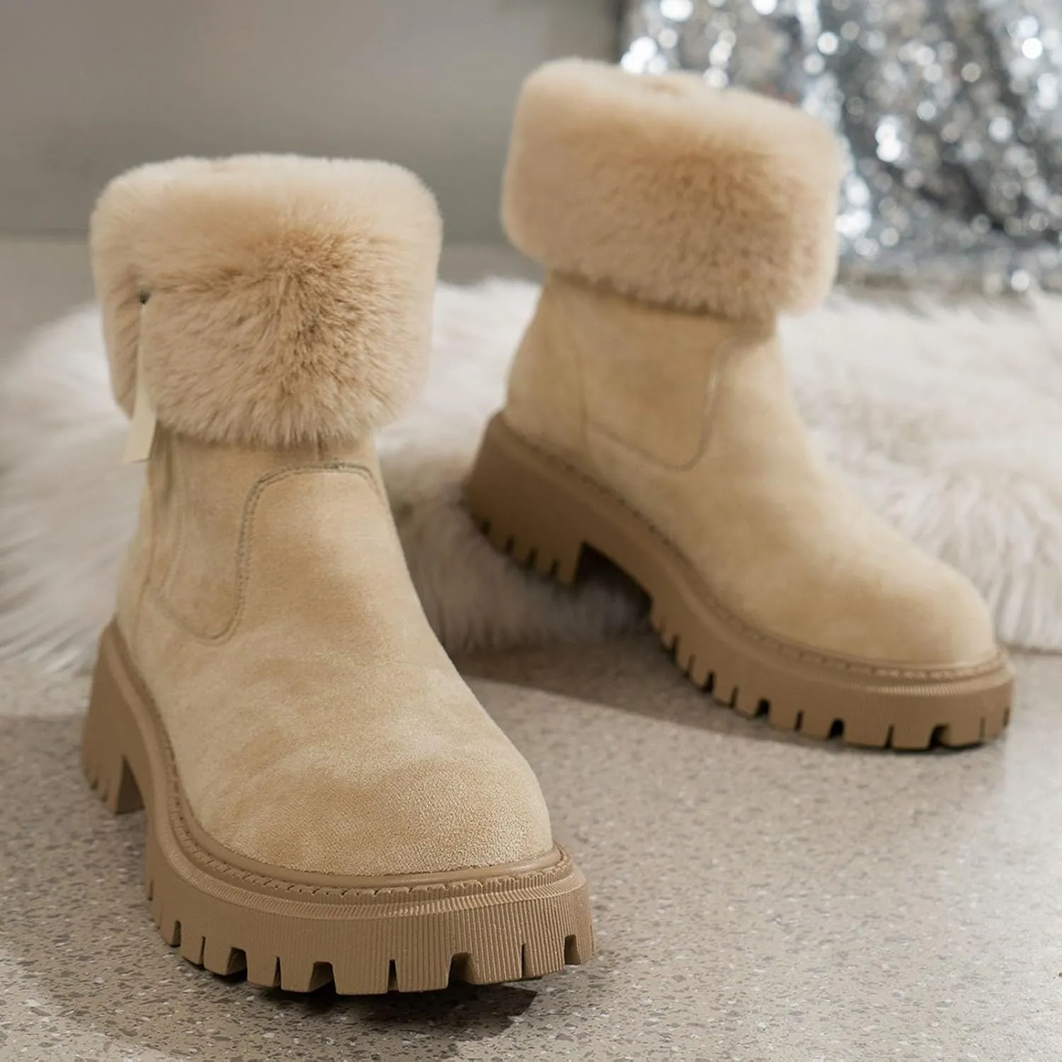 Women's Fashion Furry Boots Side Zipper Insulated Snow Boots Suede Non Slip Winter Boots Fleece Winter Shoos