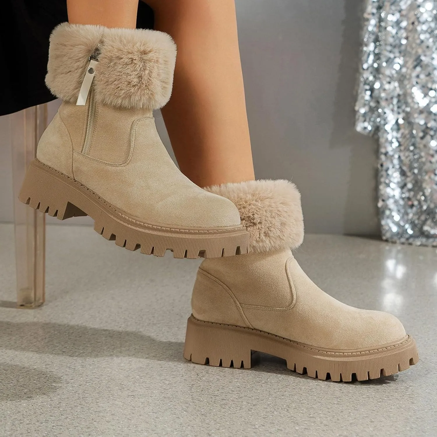 Women's Fashion Furry Boots Side Zipper Insulated Snow Boots Suede Non Slip Winter Boots Fleece Winter Shoos