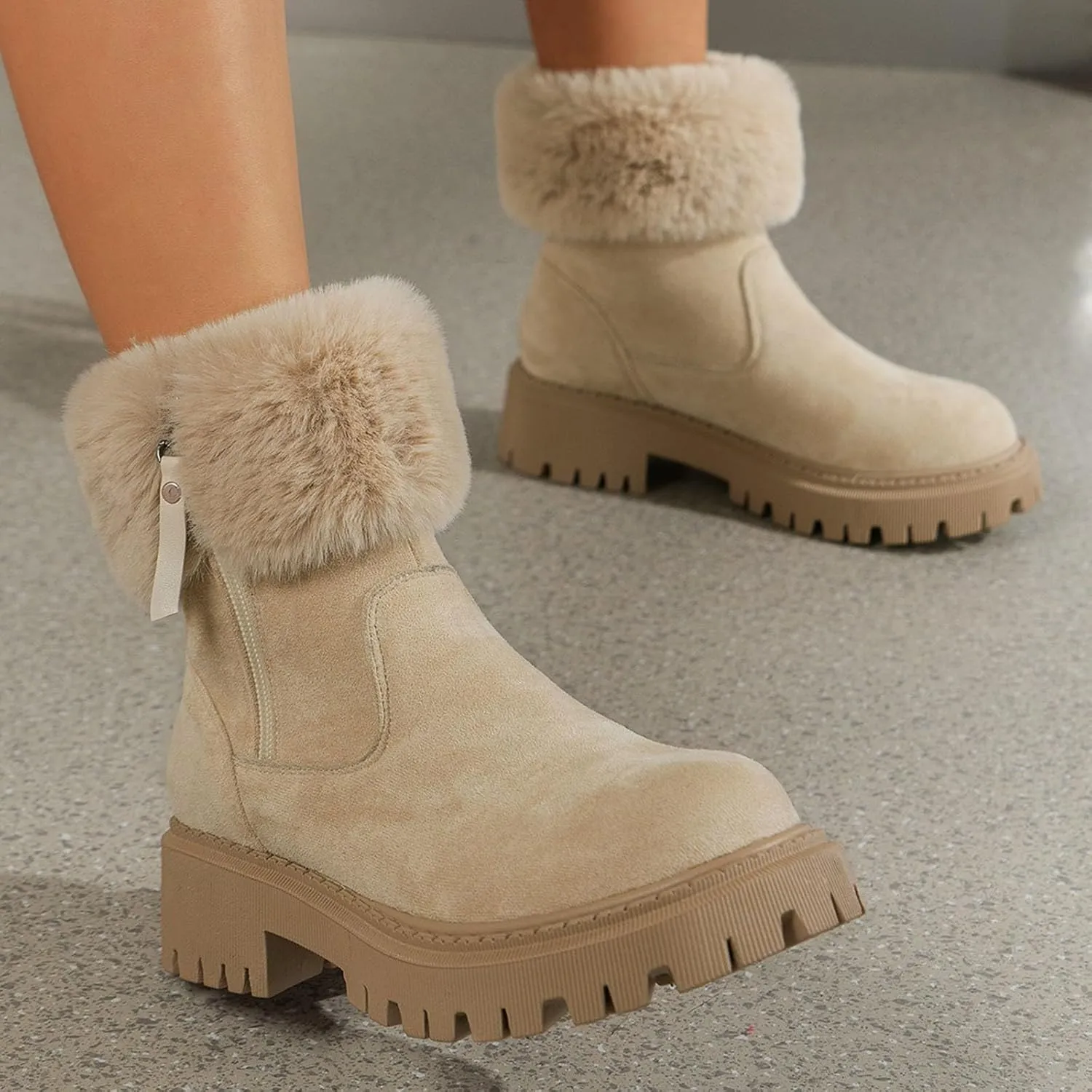 Women's Fashion Furry Boots Side Zipper Insulated Snow Boots Suede Non Slip Winter Boots Fleece Winter Shoos