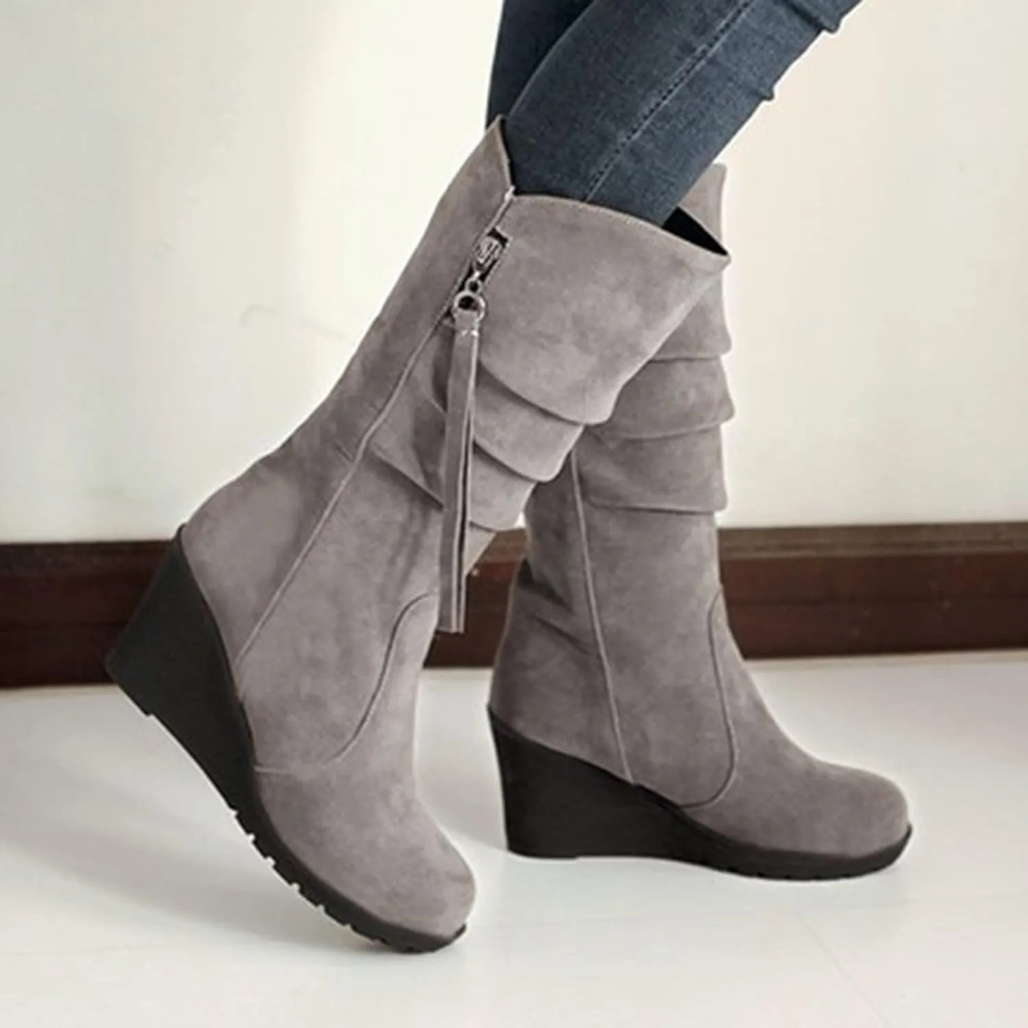 Women's Fashion Mid Calf Boots Winter Solid Wedge Boots Plush Insulated Snow Boots Leather Wedge Boots