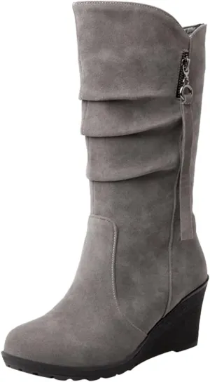 Women's Fashion Mid Calf Boots Winter Solid Wedge Boots Plush Insulated Snow Boots Leather Wedge Boots