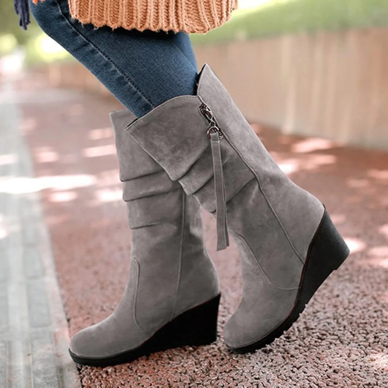 Women's Fashion Mid Calf Boots Winter Solid Wedge Boots Plush Insulated Snow Boots Leather Wedge Boots