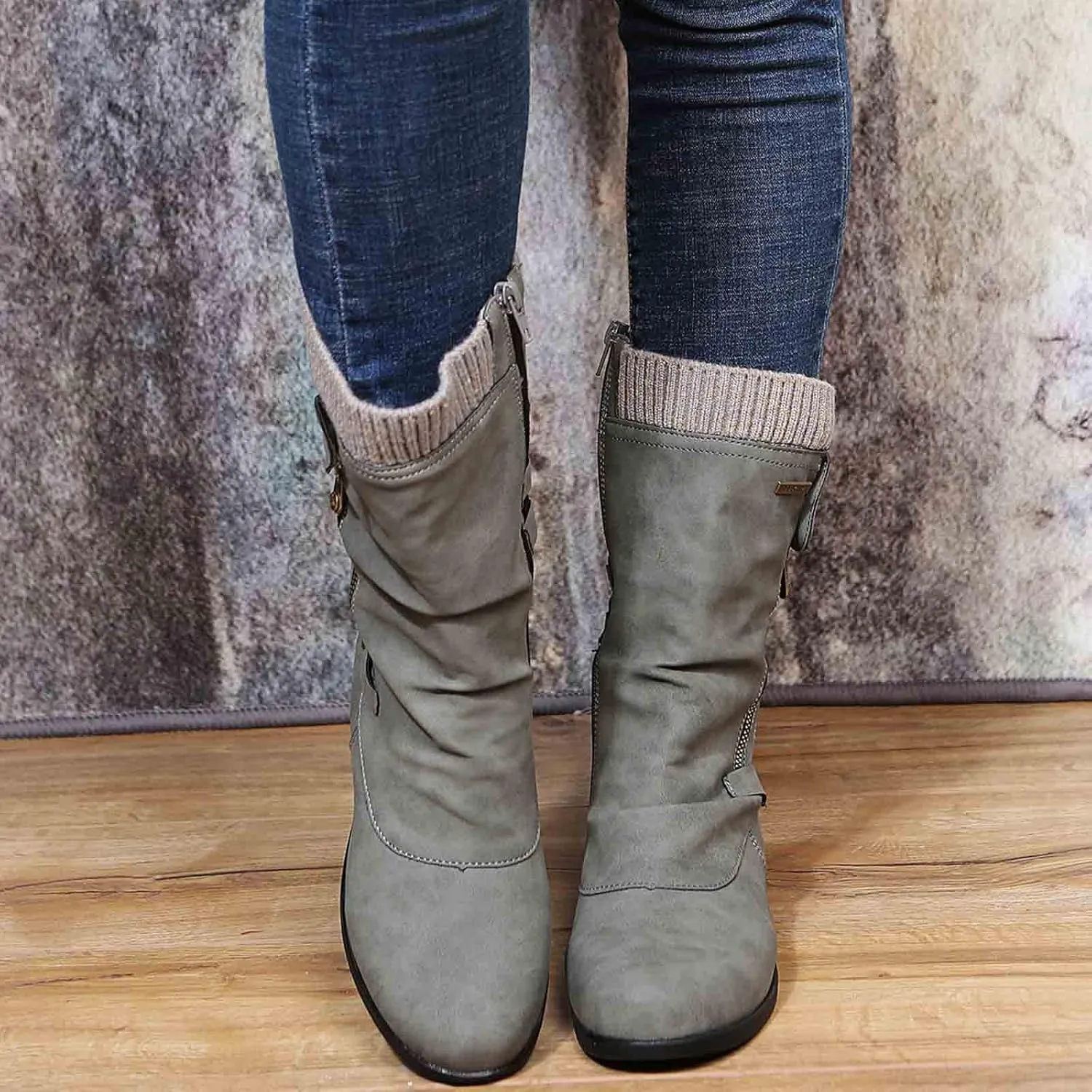 Women's Fashionable Mid Calf Boots Classic Versatile Winter Warm Boots Zipper Insulated Non Slip Leather Boot