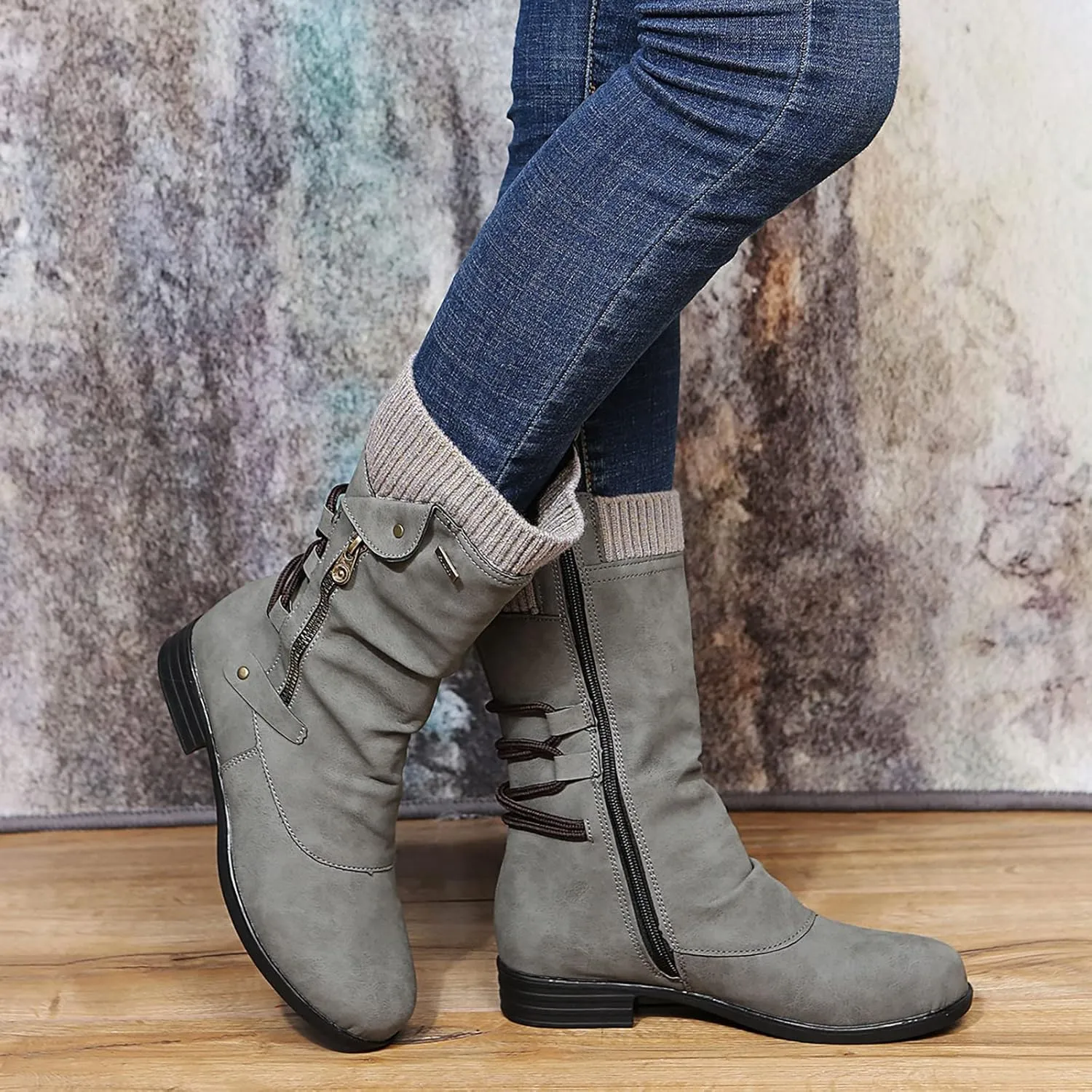 Women's Fashionable Mid Calf Boots Classic Versatile Winter Warm Boots Zipper Insulated Non Slip Leather Boot