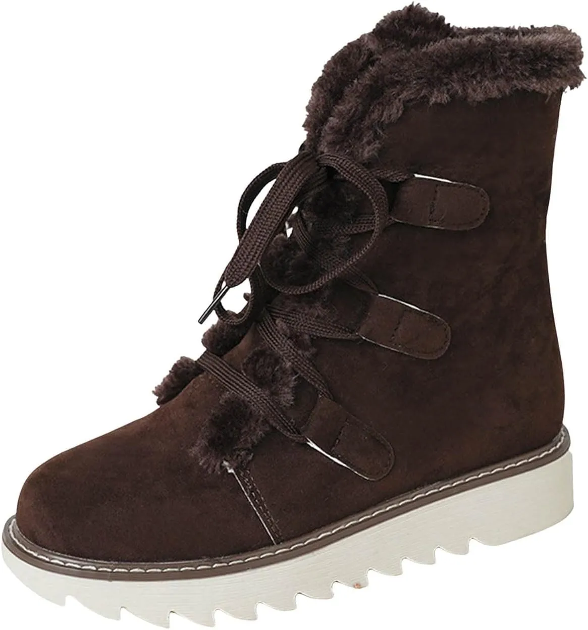 Women's Furry Boots Plus Velvet Warm Snow Boots Lace Up Mid Calf Boots Water Proof Insulated Womens Snow Boots Leather