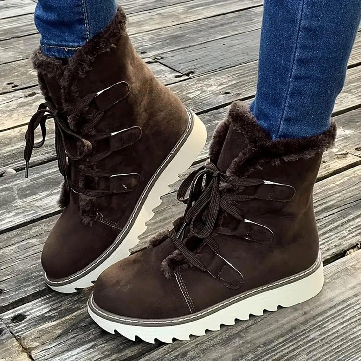 Women's Furry Boots Plus Velvet Warm Snow Boots Lace Up Mid Calf Boots Water Proof Insulated Womens Snow Boots Leather