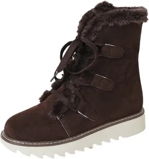 Women's Furry Boots Plus Velvet Warm Snow Boots Lace Up Mid Calf Boots Water Proof Insulated Womens Snow Boots Leather