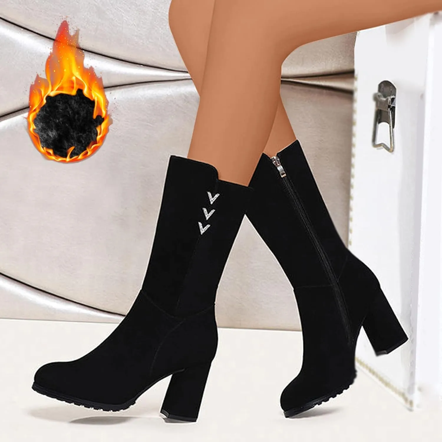 Women's High Heel Boots Fashion Solid Winter Boots Fleece Lined Warm Snow Side Womens Tall Rain Wide Calf