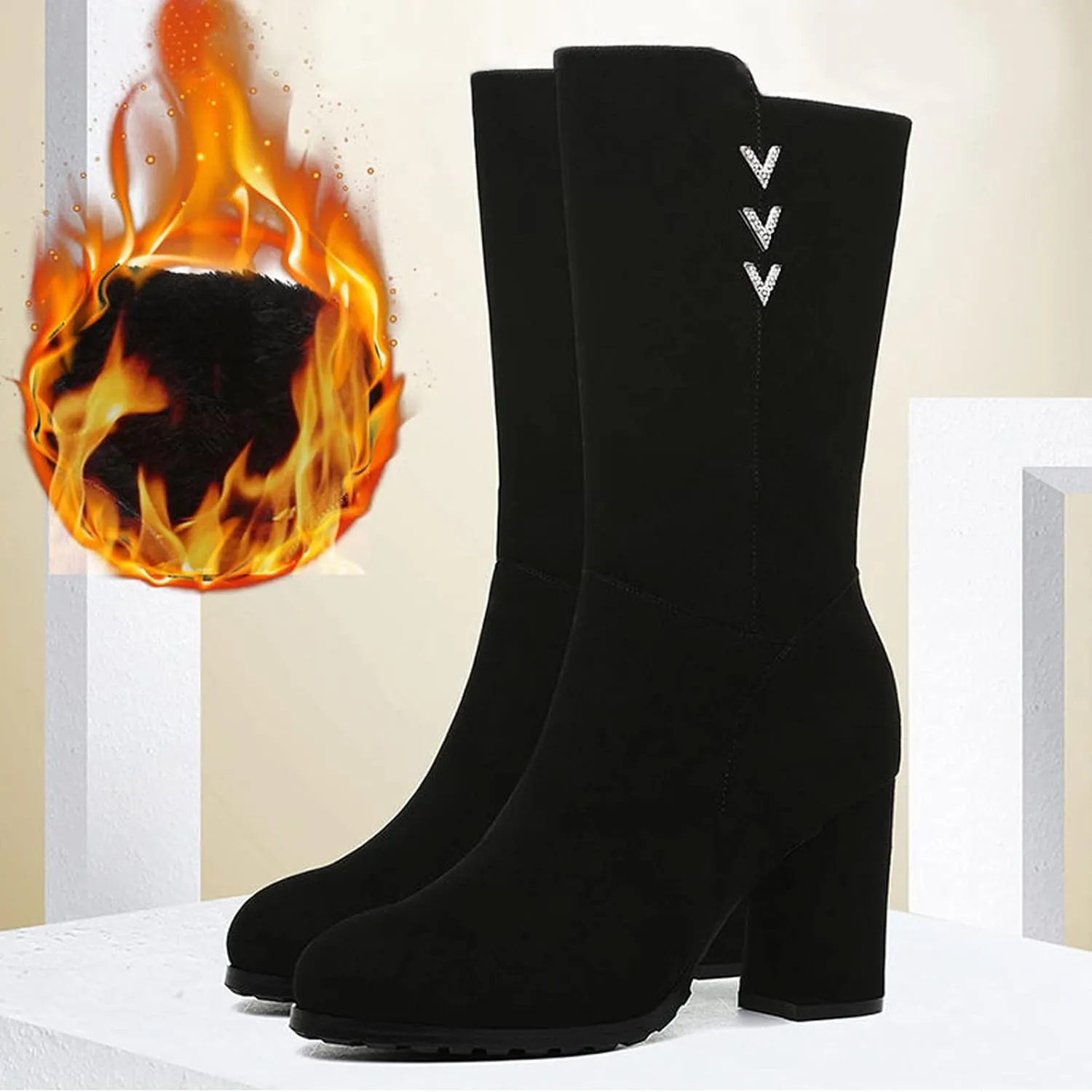 Women's High Heel Boots Fashion Solid Winter Boots Fleece Lined Warm Snow Side Womens Tall Rain Wide Calf