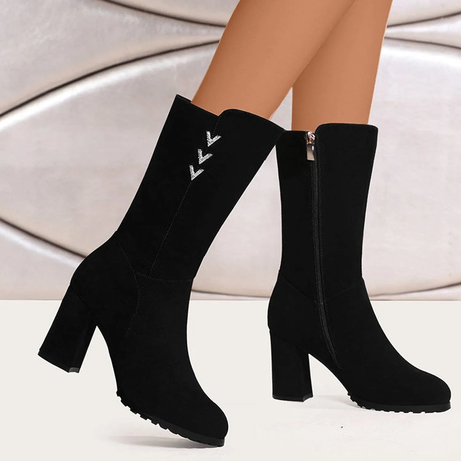 Women's High Heel Boots Fashion Solid Winter Boots Fleece Lined Warm Snow Side Womens Tall Rain Wide Calf