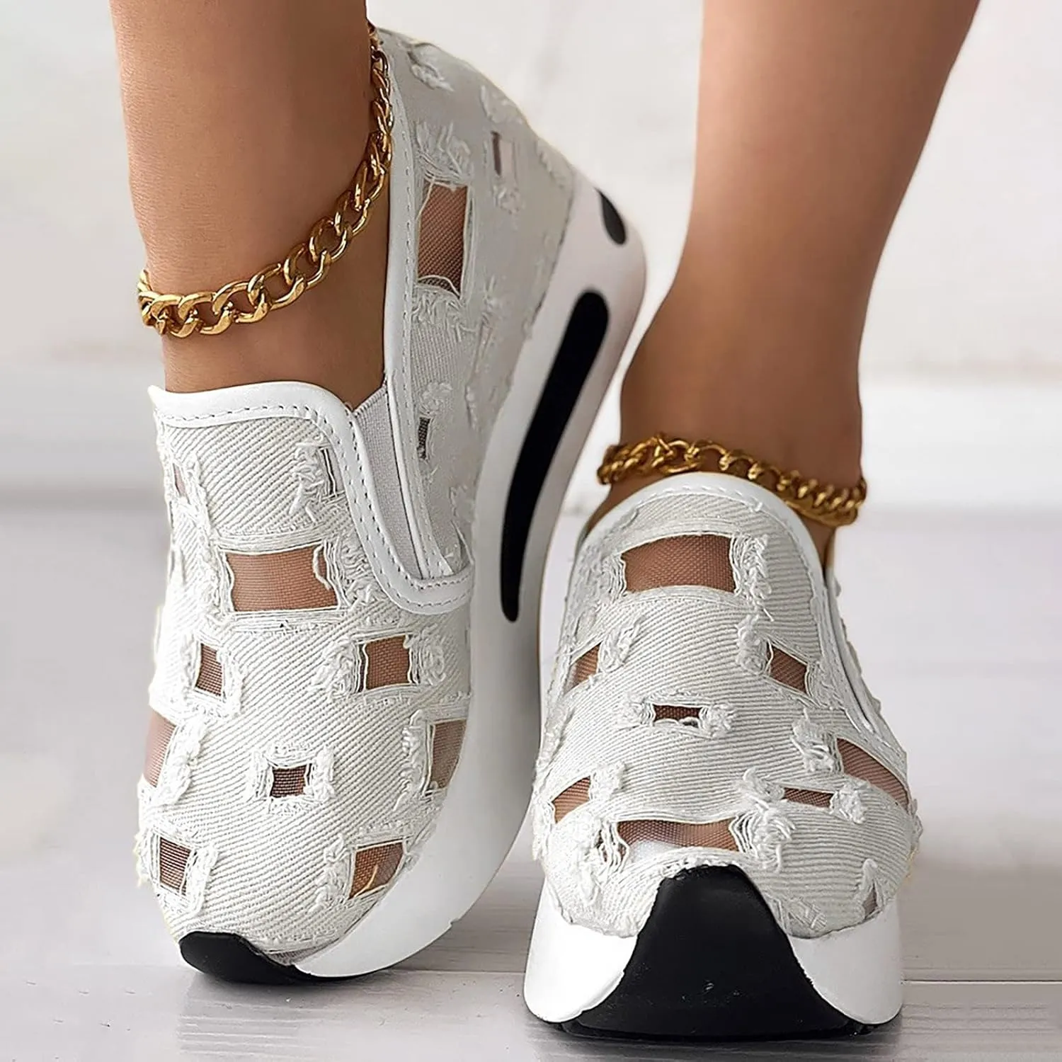 Women's Hollow Canvas Platform Loafers Mesh Slip On Walking Shoes Breathable Walking Work Shoes with Arch Support Non-Slip Wedge Casual Shoe